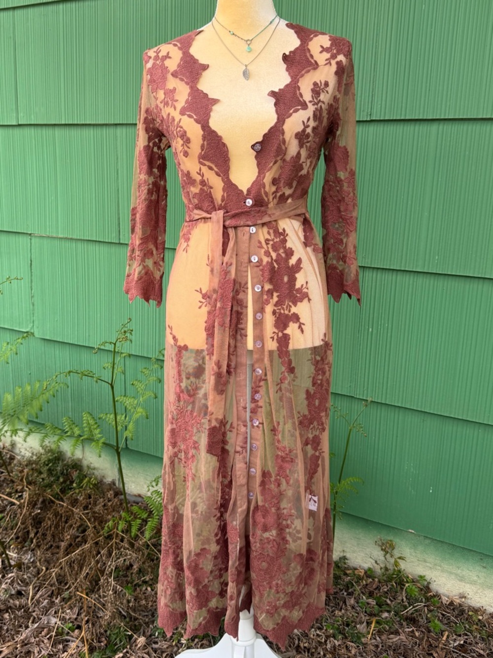 Arnhem Sheer Dusty Rose Lace Maxi Duster Cover-Up - Picture 1 of 15